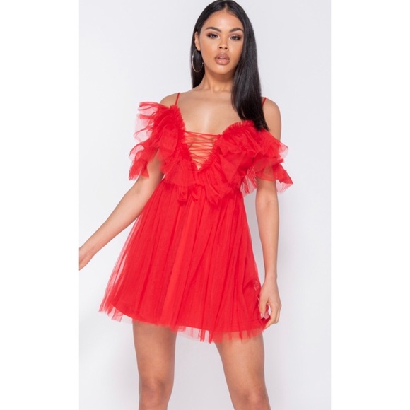 Red Sexy Sheer Mesh Front Ruffle Detail Mini Dress - Picture 2 of 6